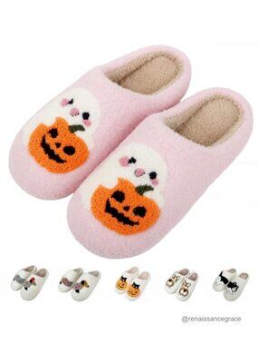 Soft Fuzzy Sherpa Slippers Cat Dog Pumpkin Slip-On Indoor